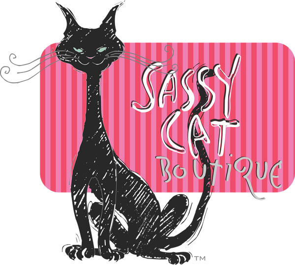 Hand drawn image of the black sassy cat with turquoise eyes with her tail curled around the handwritten words Sassy Cat Boutique.